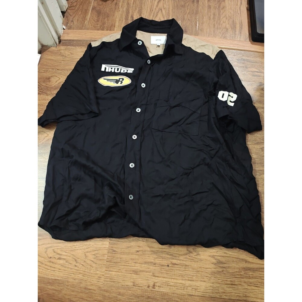 Rhude Button Up Shirt Logo Black Men's Medium Rayon GP R-Monza Champions Rayon